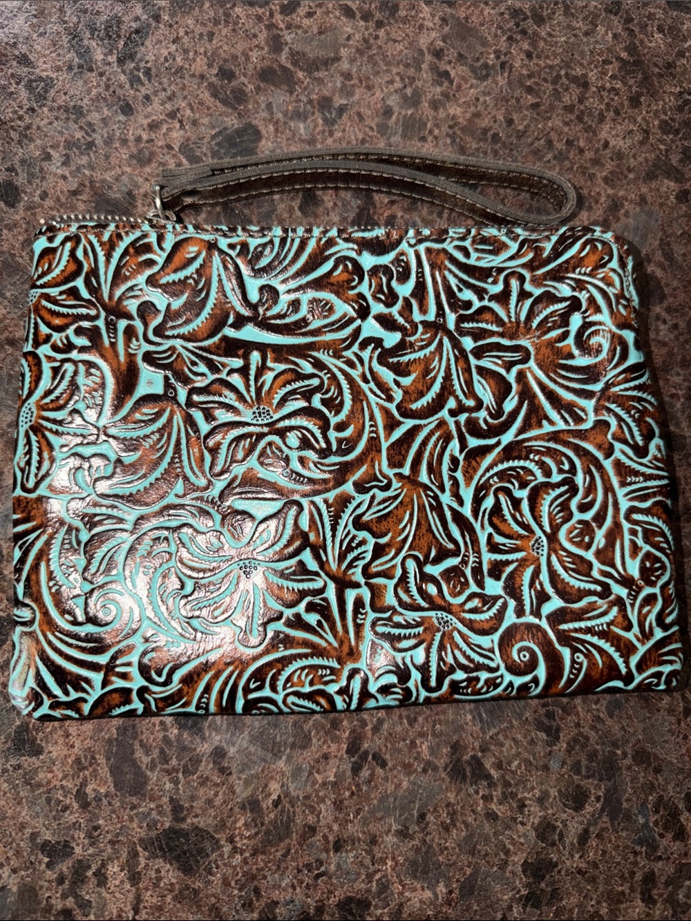 Patricia Nash Turquoise and Brown Tooled Leather Wristlet Clutch